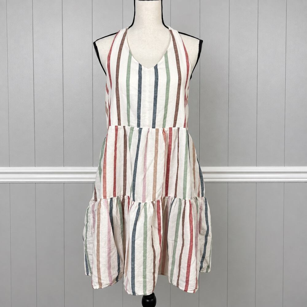 American Eagle Womens XL Striped Halter Dress Smocked Linen Blend Pockets